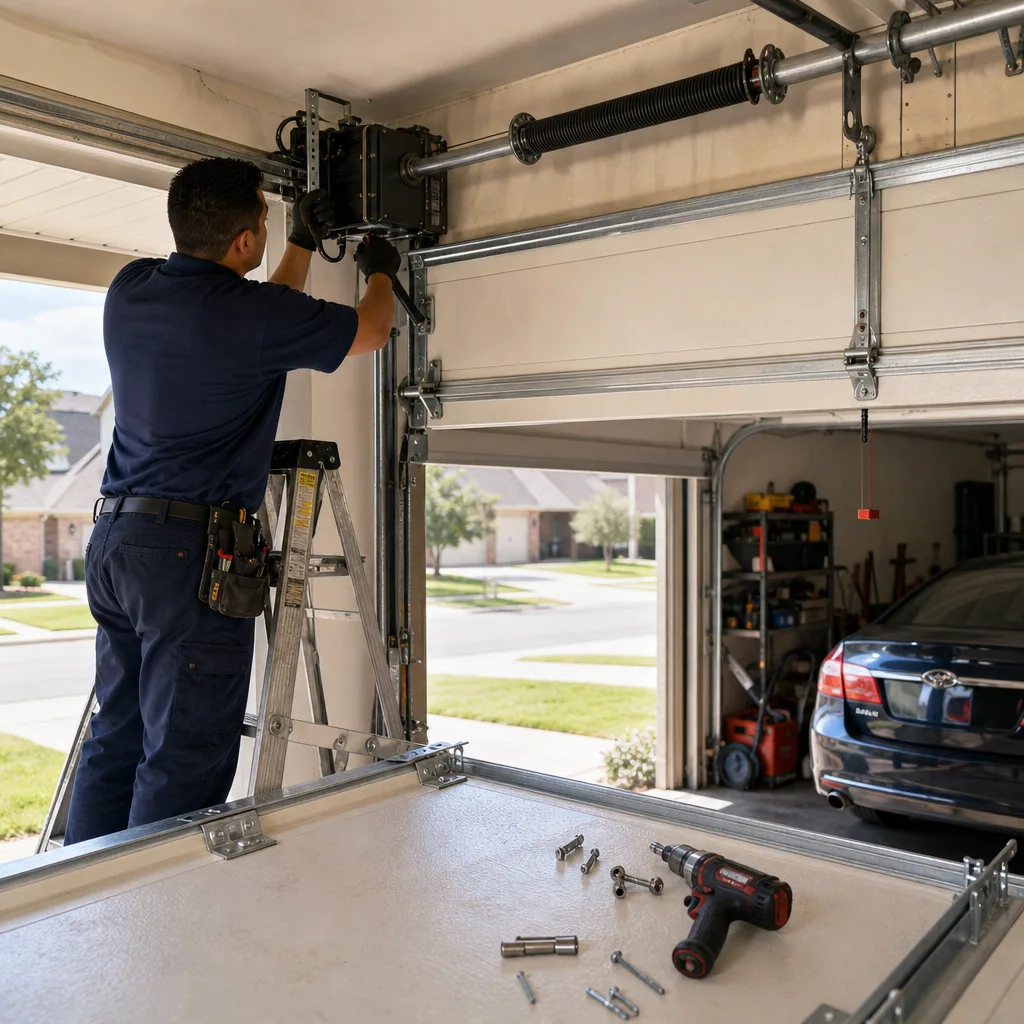 Technician performing professional garage door opener repair and installation