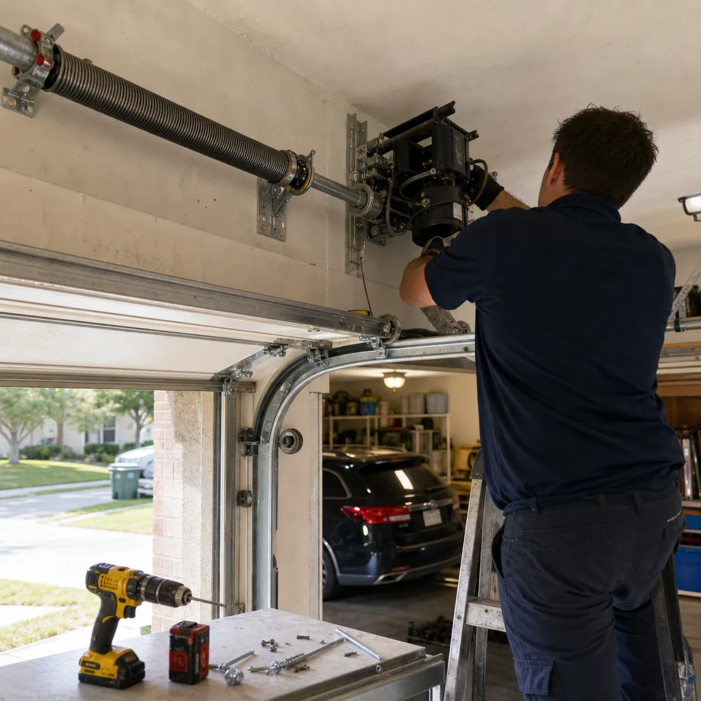 Technician performing professional garage door opener installation and repair services