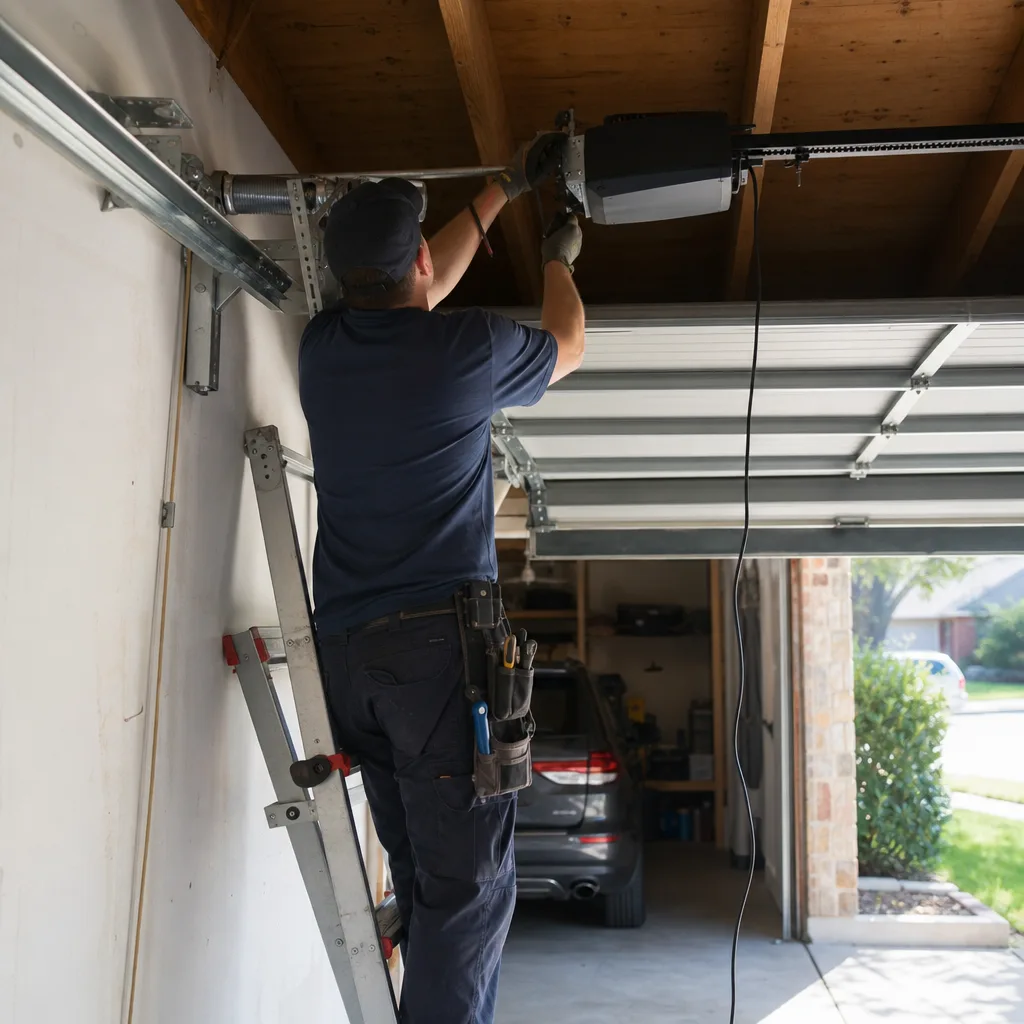 Technician performing professional garage door opener repair and installation
