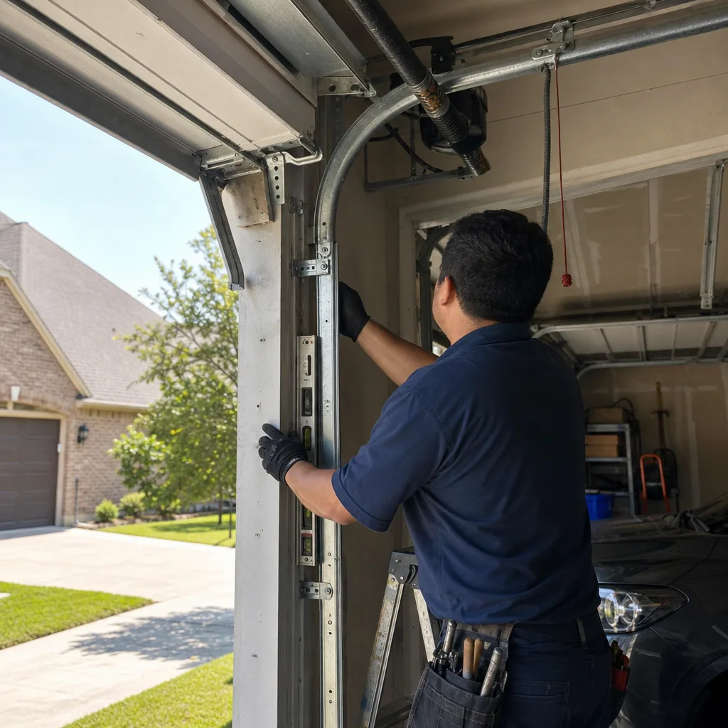 Technician using a level to repair a garage door track.