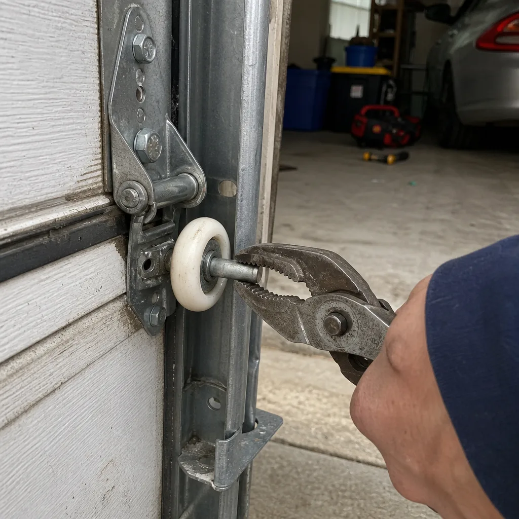 Technician using pliers to repair a garage door roller mechanism