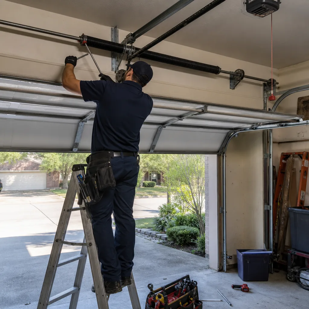Technician performing professional garage door spring repair and maintenance